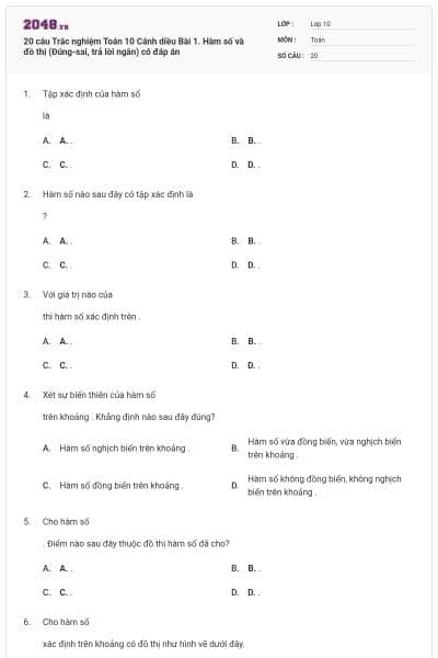20 câu Trắc nghiệm Toán 10 Cánh diều Bài 1. Hàm số và đồ thị (Đúng-sai, trả lời ngắn) có đáp án