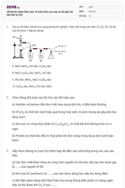 38 Đề thi chính thức vào 10 môn Hóa cực hay có lời giải chi tiết (Đề số 26)