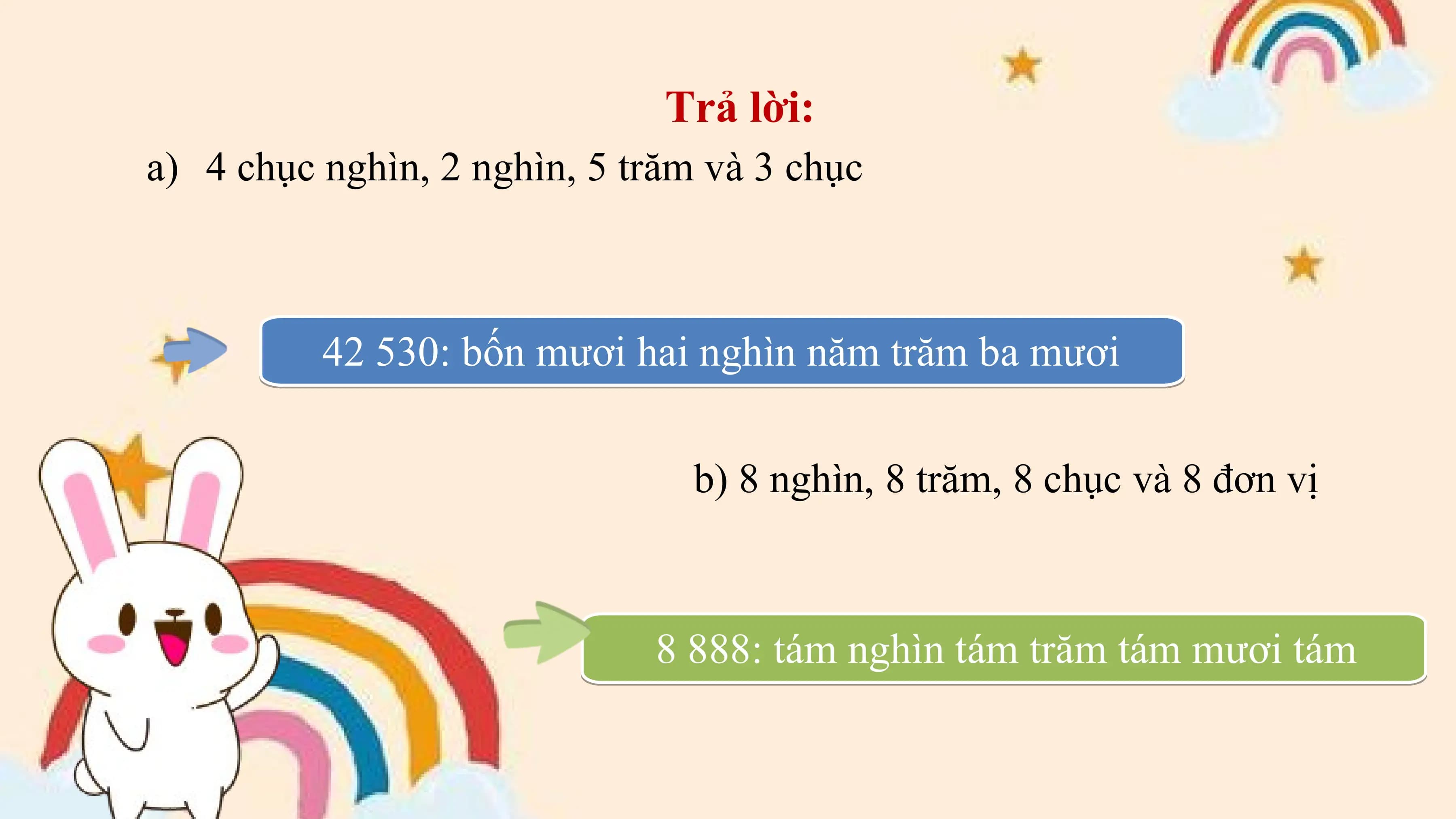 Trả lời:
a) 4 chục nghìn, 2 nghìn, 5 trăm và 3 chục

 42 530: bốn mươi hai nghìn năm trăm ba mươi

 b) 8 nghìn, 8 trăm, 8 chục và 8 đơn vị

 8 888: tám nghìn tám trăm tám mươi tám