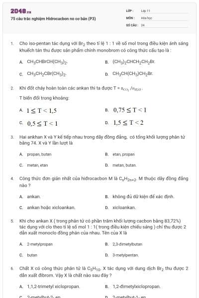 75 câu trắc nghiệm Hidrocacbon no cơ bản (P3)