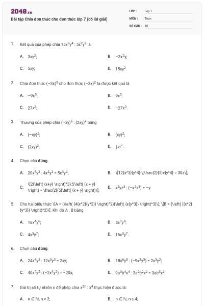 Bài tập Chia đơn thức cho đơn thức lớp 7 (có lời giải)