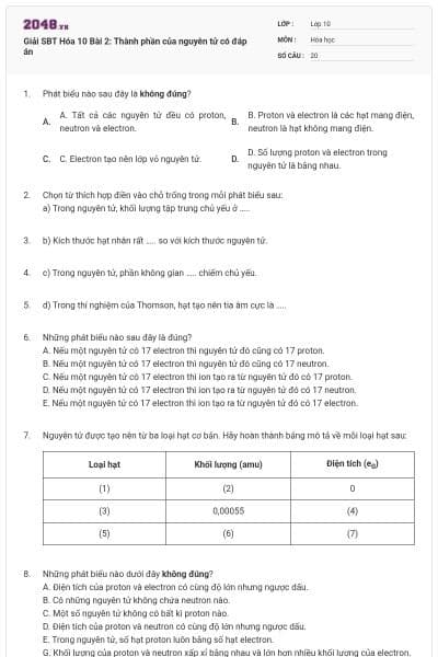 Giải SBT Hóa 10 Bài 2: Thành phần của nguyên tử có đáp án
