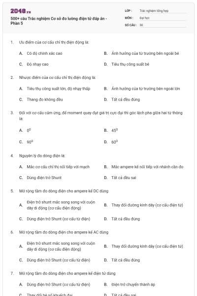 500+ câu Trắc nghiệm Cơ sở đo lường điện tử đáp án - Phần 5