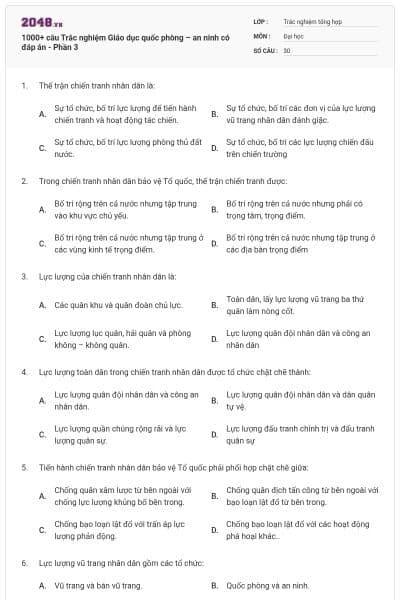1000+ câu Trắc nghiệm Giáo dục quốc phòng – an ninh có đáp án - Phần 3