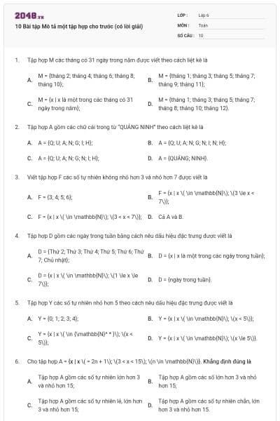 10 Bài tập Mô tả một tập hợp cho trước (có lời giải)