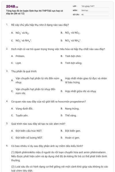 Tổng hợp đề ôn luyện Sinh Học thi THPTQG cực hay có đáp án (Đề số 12)