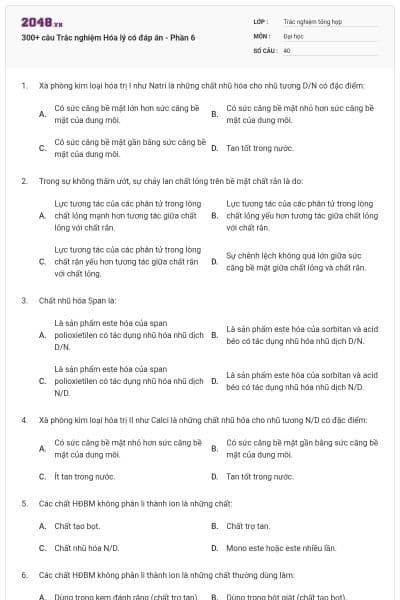 300+ câu Trắc nghiệm Hóa lý có đáp án - Phần 6