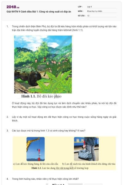 Giải KHTN 9 Cánh diều Bài 1: Công và công suất có đáp án