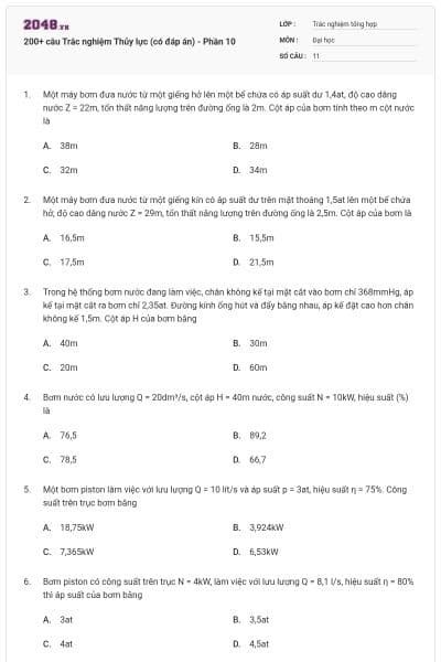 200+ câu Trắc nghiệm Thủy lực (có đáp án) - Phần 10