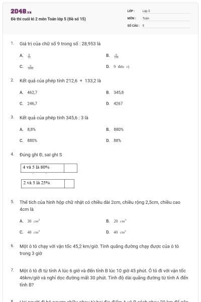 Đề thi cuối kì 2 môn Toán lớp 5 (Đề số 15)