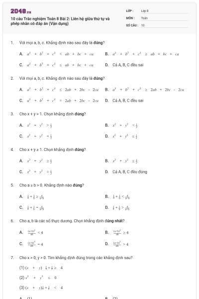 10 câu Trắc nghiệm Toán 8 Bài 2: Liên hệ giữa thứ tự và phép nhân có đáp án (Vận dụng)
