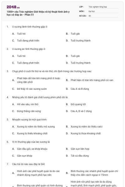 1000+ câu Trắc nghiệm Giới thiệu về kỹ thuật hình ảnh y học có đáp án - Phần 51
