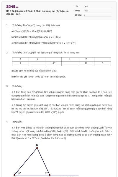 Bộ 5 đề thi giữa kì 2 Toán 7 Chân trời sáng tạo (Tự luận) có đáp án - Đề 4