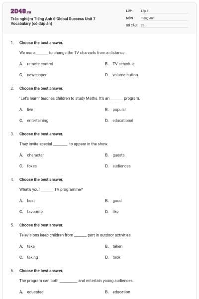 Trắc nghiệm Tiếng Anh 6 Global Success Unit 7 Vocabulary (có đáp án)