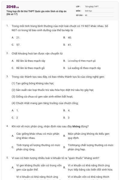Tổng hợp đề thi thử THPT Quốc gia môn Sinh có đáp án (Đề số 17)