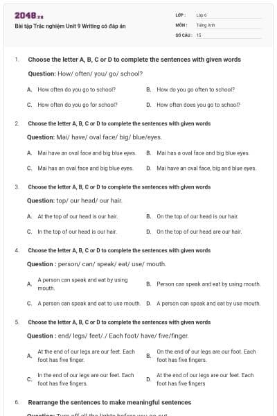 Bài tập Trắc nghiệm Unit 9 Writing có đáp án