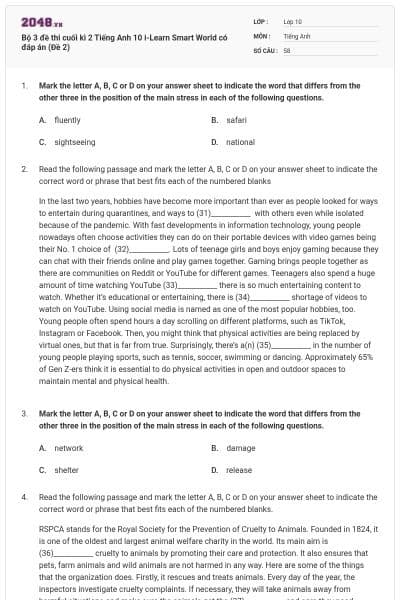Bộ 3 đề thi cuối kì 2 Tiếng Anh 10 i-Learn Smart World có đáp án (Đề 2)