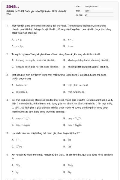 Giải Đề thi THPT Quốc gia môn Vật lí năm 2022 - Mã đề 204