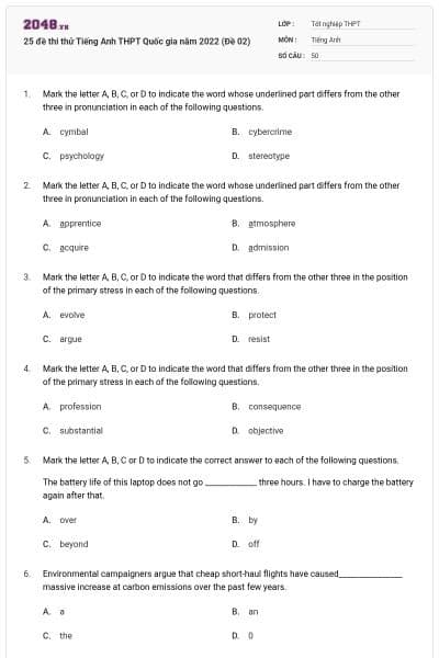 25 đề thi thử Tiếng Anh THPT Quốc gia năm 2022 (Đề 02)