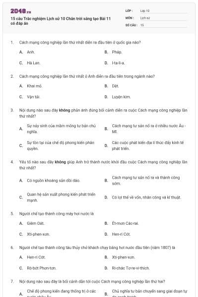 15 câu Trắc nghiệm Lịch sử 10 Chân trời sáng tạo Bài 11 có đáp án