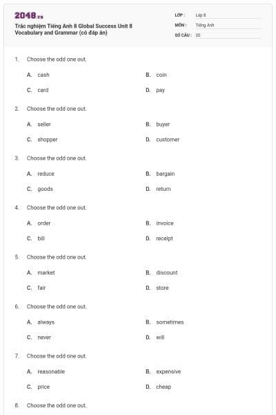 Trắc nghiệm Tiếng Anh 8 Global Success Unit 8 Vocabulary and Grammar (có đáp án)