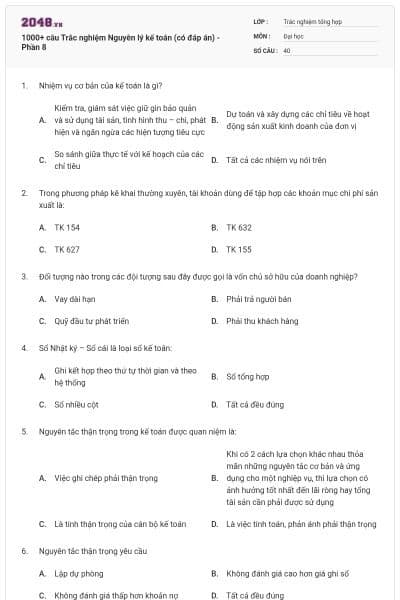 1000+ câu Trắc nghiệm Nguyên lý kế toán (có đáp án) - Phần 8