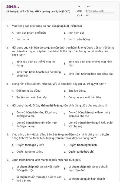 Đề ôn luyện số 5 - Tổ hợp KHXH cực hay có đáp án (GDCD)