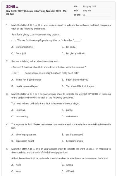 Giải Đề thi THPT Quốc gia môn Tiếng Anh năm 2022 - Mã đề 402