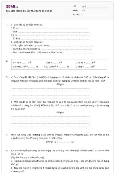 Giải VBT Toán 5 CD Bài 21. Héc-ta có đáp án