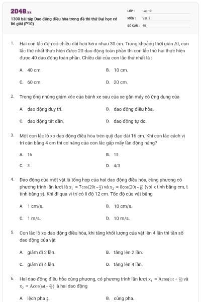 1300 bài tập Dao động điều hòa trong đề thi thử Đại học có lời giải (P10)