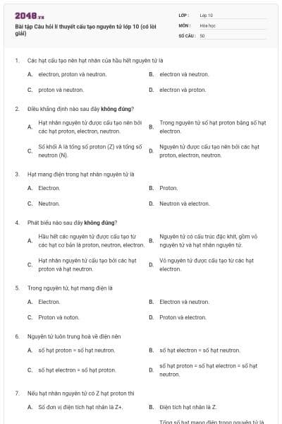 Bài tập Câu hỏi lí thuyết cấu tạo nguyên tử lớp 10 (có lời giải)