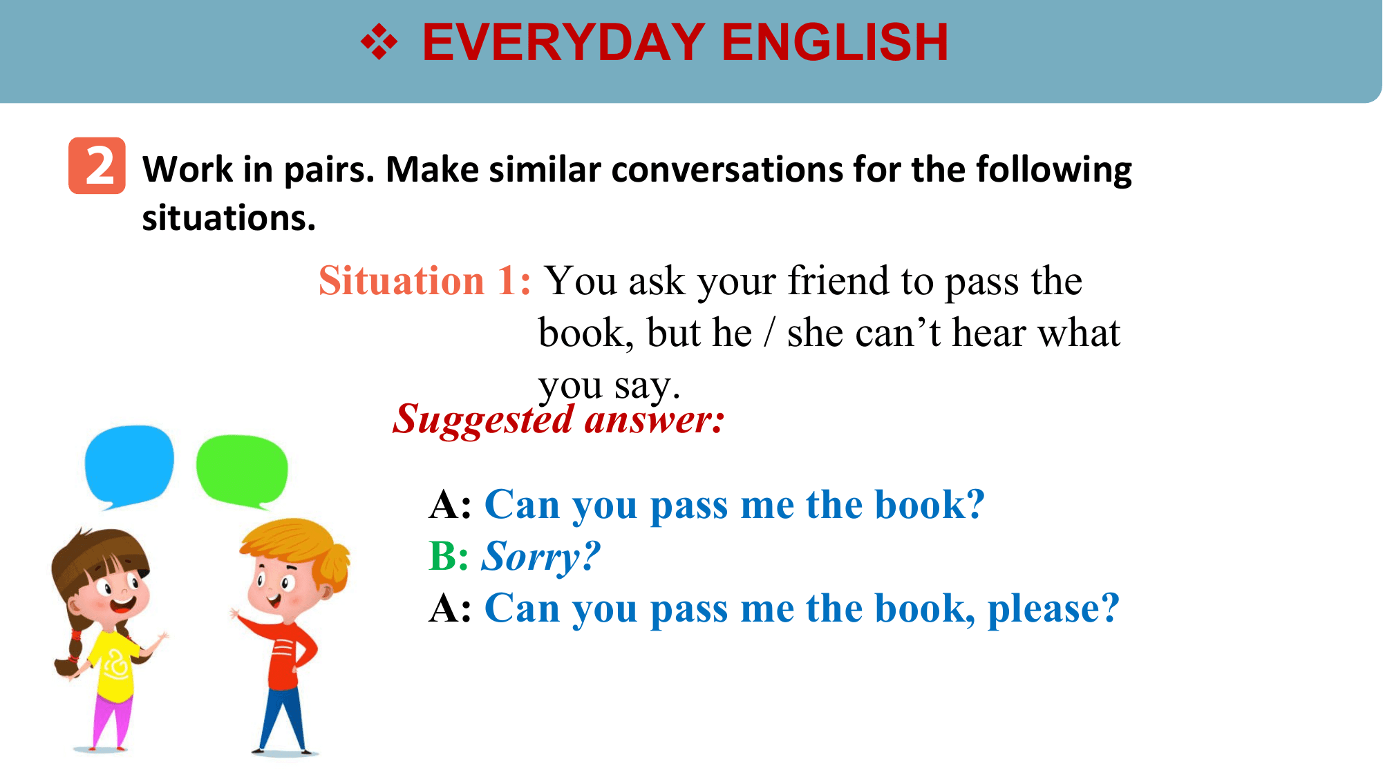 v EVERYDAY ENGLISH

2 Work in pairs. Make similar conversations for the following
 situations.
 Situation 1: You ask your friend to pass the
 book, but he / she can’t hear what
 you say.
 Suggested answer:
 A: Can you pass me the book?
 B: Sorry?
 A: Can you pass me the book, please?