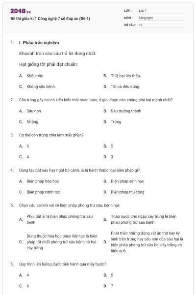 Đề thi giữa kì 1 Công nghệ 7 có đáp án (Đề 4)