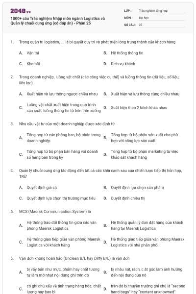 1000+ câu Trắc nghiệm Nhập môn ngành Logistics và Quản lý chuỗi cung ứng (có đáp án) - Phần 25