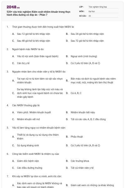 520+ câu trắc nghiệm Kiểm soát nhiễm khuẩn trong thực hành điều dưỡng có đáp án - Phần 7