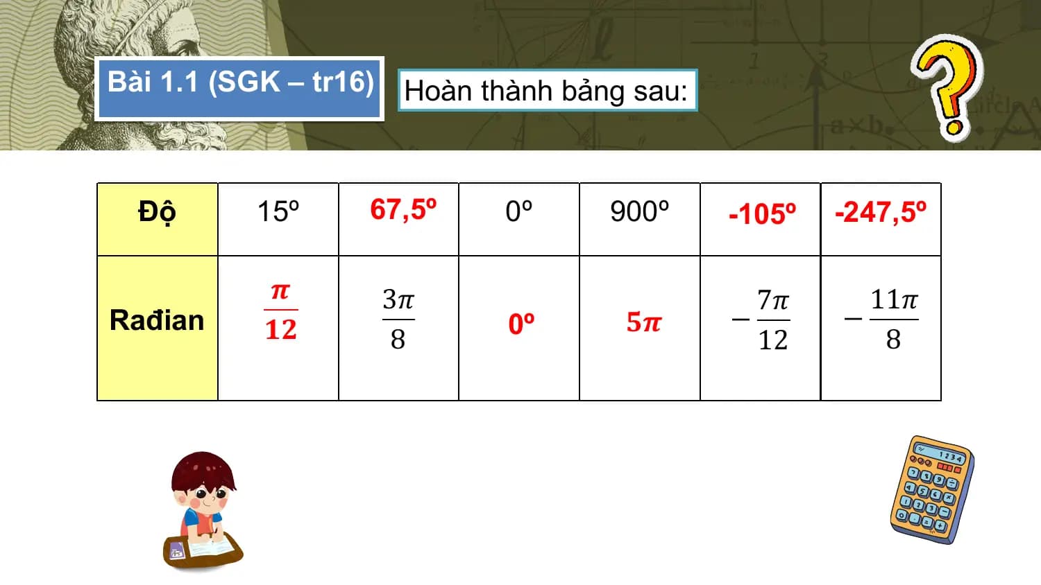Bài 1.1 (SGK – tr16) Hoàn thành bảng sau:

 Độ 15º 67,5º
 ? 0º 900º ?
 -105º ?
 -247,5º

 𝝅 3𝜋 7𝜋 11𝜋
Rađian ?
 𝟏𝟐 ?
 0º 𝟓𝝅
 ? − −
 8 12 8