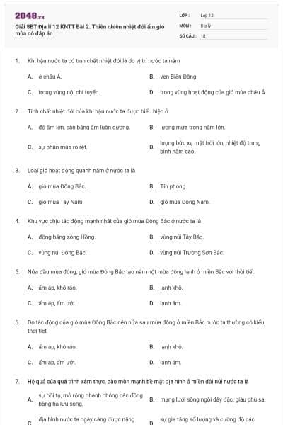 Giải SBT Địa lí 12 KNTT Bài 2. Thiên nhiên nhiệt đới ẩm gió mùa có đáp án