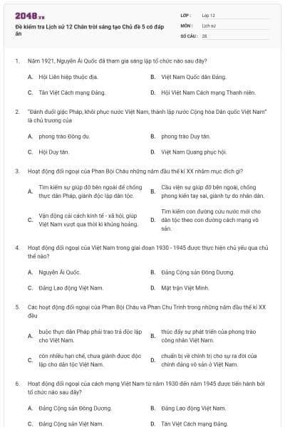 Đề kiểm tra Lịch sử 12 Chân trời sáng tạo Chủ đề 5 có đáp án