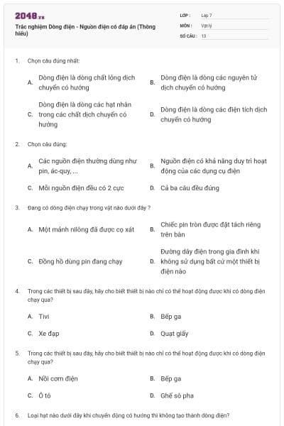 Trắc nghiệm Dòng điện - Nguồn điện có đáp án (Thông hiểu)