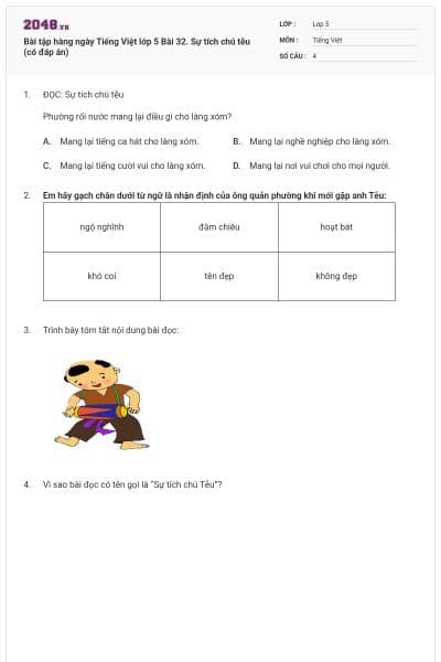 Bài tập hàng ngày Tiếng Việt lớp 5 Bài 32. Sự tích chú tễu (có đáp án)