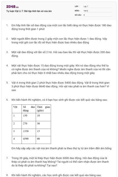 Tự luận Vật Lí 7: Bài tập tính tần số của âm