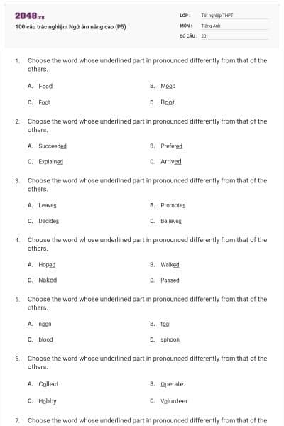 100 câu trắc nghiệm Ngữ âm nâng cao (P5)