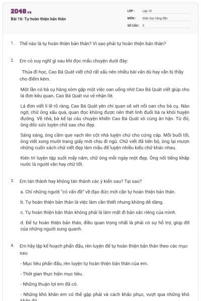 Bài 16: Tự hoàn thiện bản thân