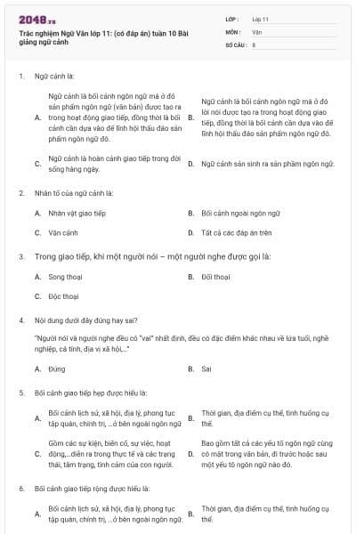 Trắc nghiệm Ngữ Văn lớp 11: (có đáp án) tuần 10 Bài giảng ngữ cảnh