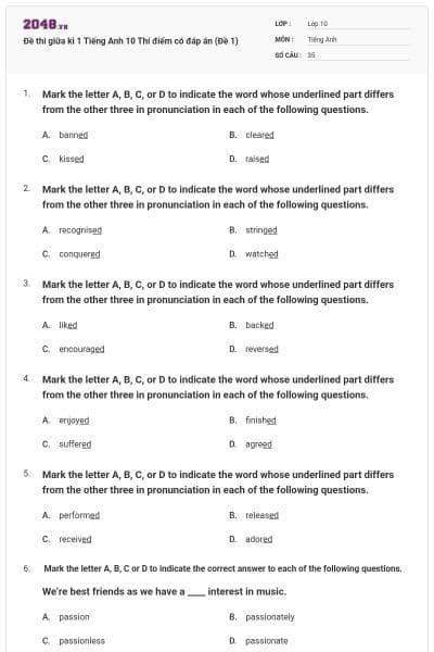 Đề thi giữa kì 1 Tiếng Anh 10 Thí điểm có đáp án (Đề 1)