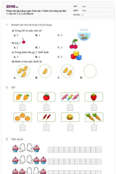 Phiếu bài tập hàng ngày Toán lớp 1 Chân trời sáng tạo Bài 1. Các số 1, 2, 3 có đáp án