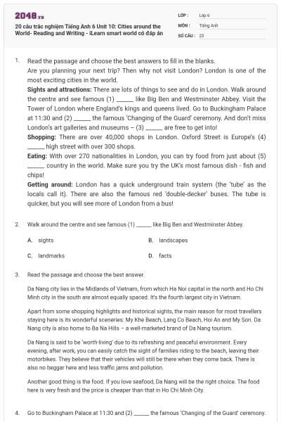 20 câu trắc nghiệm Tiếng Anh 6 Unit 10: Cities around the World- Reading and Writing - iLearn smart world có đáp án