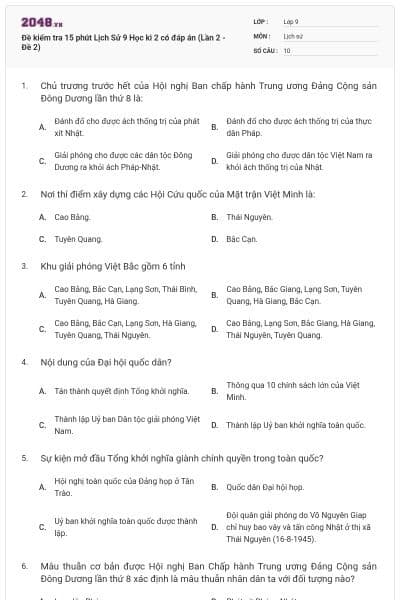 Đề kiểm tra 15 phút Lịch Sử 9 Học kì 2 có đáp án (Lần 2 - Đề 2)