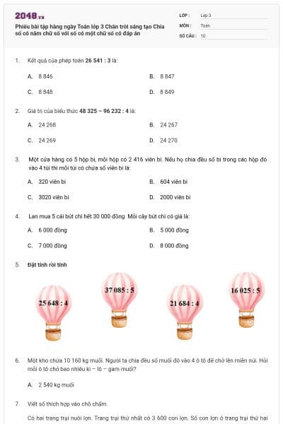 Phiếu bài tập hàng ngày Toán lớp 3 Chân trời sáng tạo Chia số có năm chữ số với số có một chữ số có đáp án