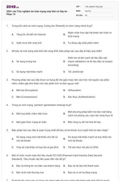 300+ câu Trắc nghiệm An toàn mạng máy tính có đáp án - Phần 14
